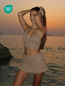 Women's Summer Boho Music Festival Knit Set, Fitted Hollow-Out Sexy Halter Top And Ruffled Hem Short Skirt Cover-Up Two Pieces Set, Khaki Vacation - Khaki - View 2