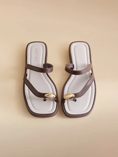 Glizzene Sandalias de dedo de mujer XIXITIAO para exteriores con suela blanda, sandalias de tiras de unicolor versátiles para la playa, estilo minimalista francés con punta cuadrada plana, ligeras y cómodas, sandalias de casa casuales, adecuadas para playa/exterior/fiesta/boda