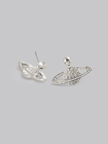 DareSee 1pair Geometric Shape & Rhinestone Decor Skull & Planet Stud Earrings Music Fest - Silver - View 4