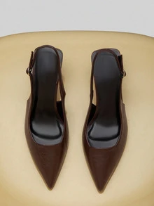 2025秋冬季女士黑色高跟玛丽珍鞋，正式场合鞋，猫跟无后跟套脚鞋，优雅尖头鞋跟 - 棕色 - 查看 4