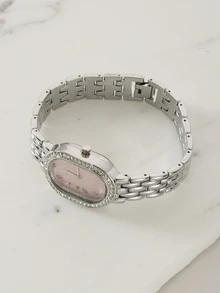 Clariva 1 件女士椭圆形表盘双色不锈钢表带经典商务石英表带钻石，适合日常使用 - 銀色 - 查看 3