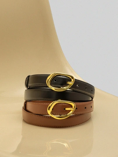 NobleVue 1/2 件女士不对称金扣纯色休闲百搭装饰腰带，适合牛仔裤、连衣裙和女裤，PU 皮革女士腰带