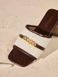 [休闲平底凉鞋] 女士休闲平底凉鞋，带链条扣，露趾，一脚蹬，TPR 鞋底 - 适合海滩 - 米色 - 查看 4