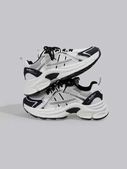 DareSee 2025 Autumn Fashionable & Versatile Black & White Patchwork Lace-Up Chunky Sneakers For Women