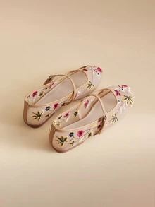 Glizzene Breathable Mesh Roman Style Flats, Floral Embroidery Round Toe Soft Ballet Shoes For Fall/Winter - Apricot - View 3