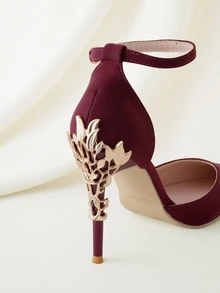 Clariva Fall/Winter 2025 European And American Style Fashionable Metal Flower Stiletto High Heel Wedding Shoes For Women, Pointed Toe Ankle Strap Sandals,Sexy,Women Pumps,Party Outfits - Burgundy - View 4