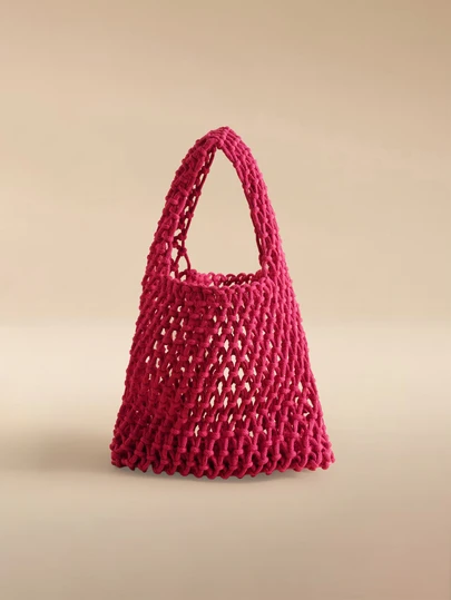 Glizzene 1pc Polyester Mesh Net Tote Bag, Multi-Color Solid Rope Woven, Lightweight Portable Large Capacity Quilted Cute Fashion Beach Bag For Women Wedding Wedding