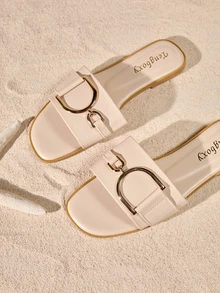 Tropiscape Women's Fashion Flat Sandals, Casual Flat Sandals With Buckle, Summer Footwear - Beige - View 3