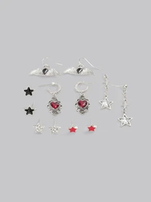 DareSee 6 Pairs Gothic Dark Studded Dripping Oil Five-Pointed Star, Bat, Heart Rose, Guitar, Key, Starfish, Crow, Skull Fashionable Luxury Design Earrings Set - Multicolor - View 4