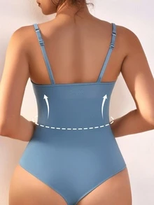 Body modellante senza cuciture per donna, body contenitivo con spalline regolabili, controllo addominale e lisciante sulla schiena - Blu - Visualizzare 2