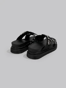 DareSee 女士夏季新款时尚朋克摇滚风格铆钉休闲凉鞋，厚底金属扣，黑色沙滩女士凉鞋，高跟度假女士凉鞋 - 黑色 - 查看 5