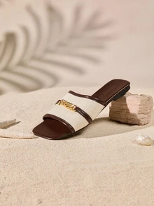 [休闲平底凉鞋] 女士休闲平底凉鞋，带链条扣，露趾，一脚蹬，TPR 鞋底 - 适合海滩 - 米色 - 查看 5