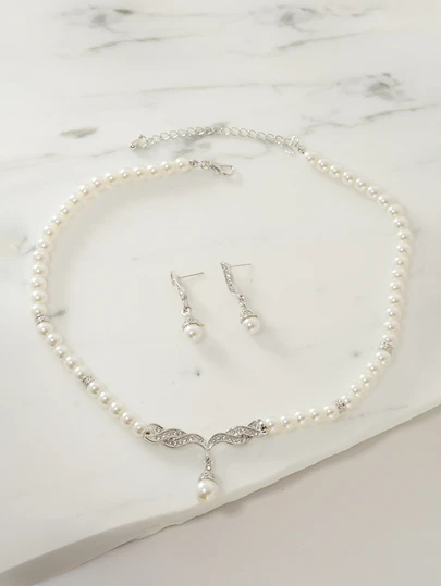 Clariva 手工串珠玻璃珍珠配水钻项链耳环套装 - 1 条项链和 1 对耳环，婚礼新娘首饰