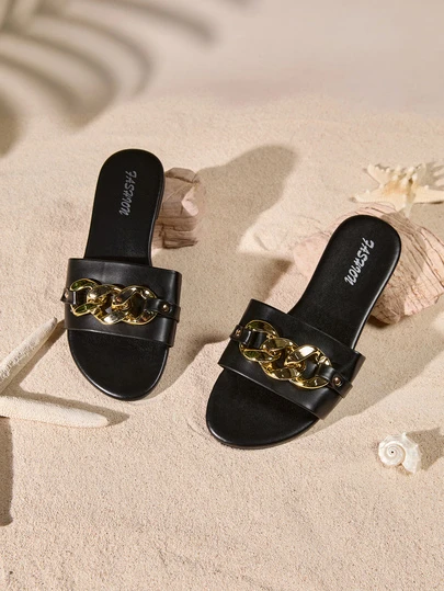 Tropiscape Wide Chain Decor Round Toe Black Flat Slippers For Women, Slip On Large Size Sandals, Vacation Style Low Heel Daily Ladies Summer Versatile Sandals