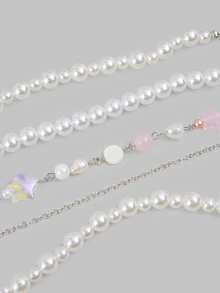 DareSee 5pcs/Set Cute Ballet Style Girl's Necklace, Pink Y2K Style Lovely Bow Tie Women's Necklace Set, Heart Pendant Clavicle Chain, Valentine's Day - Pink - View 5