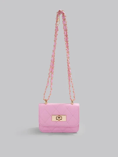 DareSee Mini Square Bag New Women Handbag, Rhombus Quilted High-Quality Shoulder Bag, Woven Chain Cover Flap Small Crossbody Lipstick Bag, Cute Accessories Bag , Pink