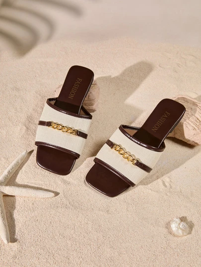 [Casual Flat Sandals] Women's Casual Flat Sandals With Chain Buckle, Open Toe, Slip-On, TPR Sole - Suitable For Beach