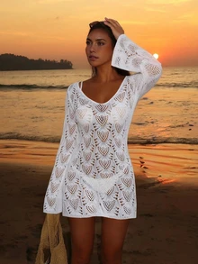 Women's Summer Beach Vacation Bohemian Music Festival French Elegant Sexy Hollow See-Through Chiffon Backless Long Sleeve Crochet Cover-Up Dress Skirt, White - White - View 1