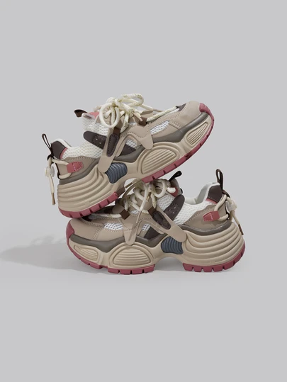 DareSee 新款厚底坡跟增高女鞋，女士休闲鞋百搭透气网面厚底运动鞋，女士皮革拼接时尚个性学生鞋，女士酒红色街头摄影户外鞋，优雅女士运动鞋