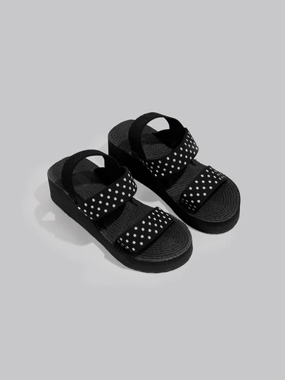 DareSee 時尚黑色波卡圓點沙灘涼鞋帶坡跟高跟鞋和厚適用於戶外運動