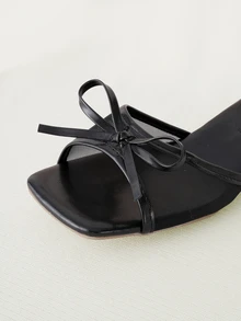 Clariva 夏季新款软皮方头凉鞋，网眼透气蝴蝶结粗跟凉鞋，百搭厚底拖鞋，女士黑色高跟鞋 - 黑色 - 查看 3