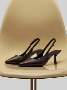 2025秋冬季女士黑色高跟玛丽珍鞋，正式场合鞋，猫跟无后跟套脚鞋，优雅尖头鞋跟 - 棕色 - 查看 1