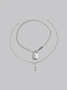 DareSee 2pcs Key Lock Necklace Set, Hiphop Style Alloy Silver Couple Necklaces, Suitable For Dating Gift - Silver - View 1