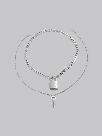 DareSee 2pcs Key Lock Necklace Set, Hiphop Style Alloy Silver Couple Necklaces, Suitable For Dating Gift