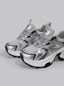 DareSee 女士厚底运动鞋，时尚轻便跑步网眼透气硫化鞋，适合 2025 年春秋季 - 銀色 - 查看 5