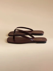 Glizzene New Spring/Summer Women's Chocolate Brown Thong Sandals, Square Toe Flat Slip-On, Fashionable Casual Slippers Wedding Wedding - Chocolate Brown - View 2