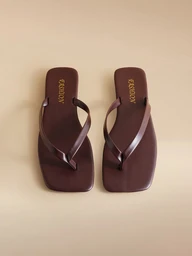 Glizzene New Spring/Summer Women's Chocolate Brown Thong Sandals, Square Toe Flat Slip-On, Fashionable Casual Slippers Wedding Wedding