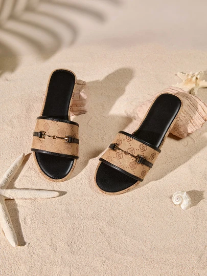 Tropiscape 女式戶外新款平底拖鞋，金屬扣鏈花紋黑色涼鞋，厚底休閒圓頭拖鞋涼鞋，拼色拖鞋涼鞋