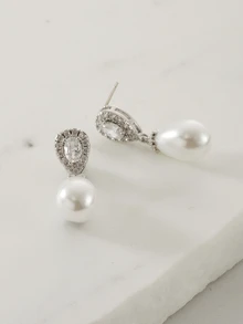 Clariva 1 Pair Elegant Cubic Zirconia & Pearl Teardrop Earrings, Luxury Jewelry Earrings For Women - Silver - View 4