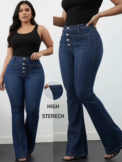 Women's Plus-Size Fashionable Casual Slim-Fit Flared Jeans, High-Waisted Design, Button Details, Practical Pockets, Medium Stretch Bootcut Cut, Suitable For Spring And Summer Wear.