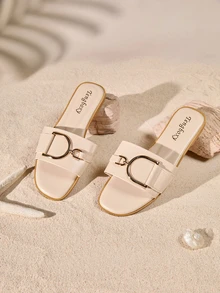 Tropiscape Women's Fashion Flat Sandals, Casual Flat Sandals With Buckle, Summer Footwear - Beige - View 1