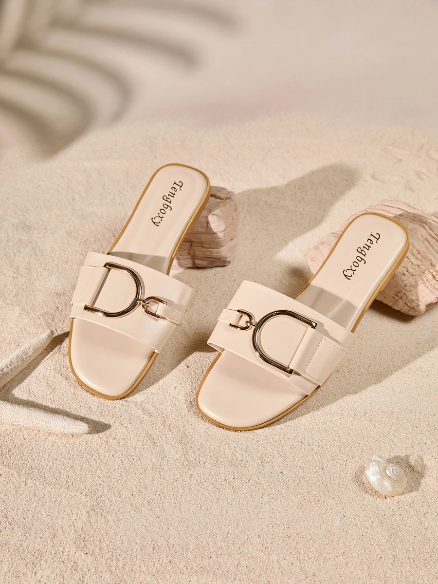 Tropiscape Women's Fashion Flat Sandals, Casual Flat Sandals With Buckle, Summer Footwear - Beige - View 1