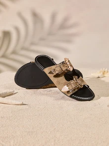 Tropiscape Ladies Plain Bat Buckle Decor Fashion Sandals, With Buckle Belt Inlaid Lightweight Flat Slippers, Non-Slip Summer Slides Cottagecore,SummerOutfit - Gold - View 2