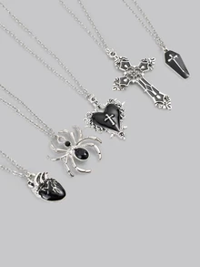 DareSee 5件套Y2K复古哥特朋克摇滚风格心形、玫瑰、十字架、棺材、宝石、蜘蛛吊坠项链套装，不锈钢链，个性化嘻哈音乐节项链 - 黑色 - 查看 4