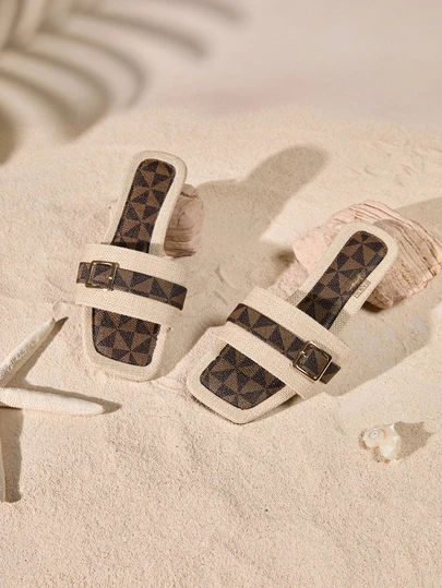 Tropiscape 1 双女士平底沙滩凉鞋，方头，防滑休闲百搭夏季露趾拖鞋，时尚腰带装饰，简约优雅，适合日常穿着、节日、派对、居家