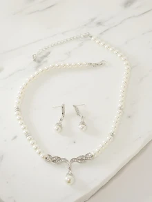 Clariva 手工串珠玻璃珍珠配水钻项链耳环套装 - 1 条项链和 1 对耳环，婚礼新娘首饰 - 銀色 - 查看 2