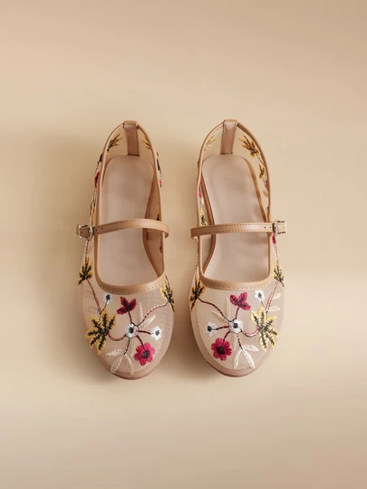 Glizzene 秋冬女士透气网面罗马平底鞋，花卉刺绣网面设计，圆头柔软芭蕾平底鞋，适合度假、休闲、日常穿着及婚礼等场合。