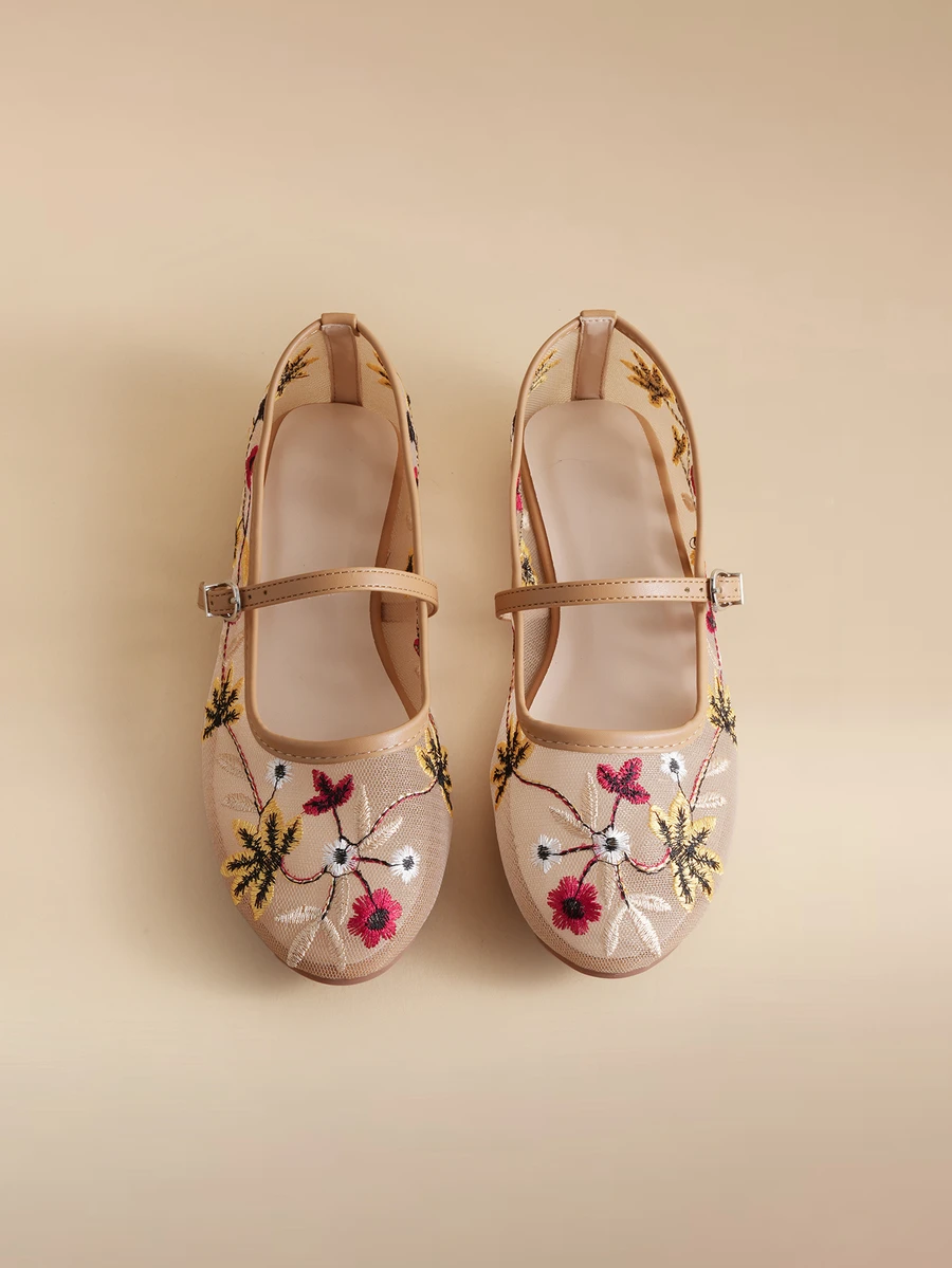 Glizzene Breathable Mesh Roman Style Flats, Floral Embroidery Round Toe Soft Ballet Shoes For Fall/Winter - Apricot - View 1