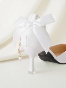 Clariva 秋冬女士仿珍珠蝴蝶结优雅尖头高跟婚鞋，优雅 - 白色 - 查看 4