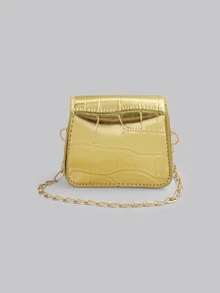 DareSee Mini Metallic Crocodile Embossed Flap Chain Square Bag, Animal Print Women Bag - Gold - View 3