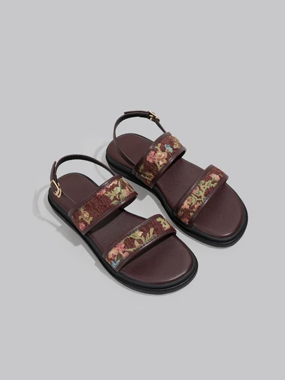 DareSee Random Ditsy Floral Thick Sole One-Strap Bohemian Style Sandals, Comfortable Wedge Heel, Suitable For Beach, Summer, Spring/Autumn, Coffee Brown Irregular Floral, Plus Size 41-43