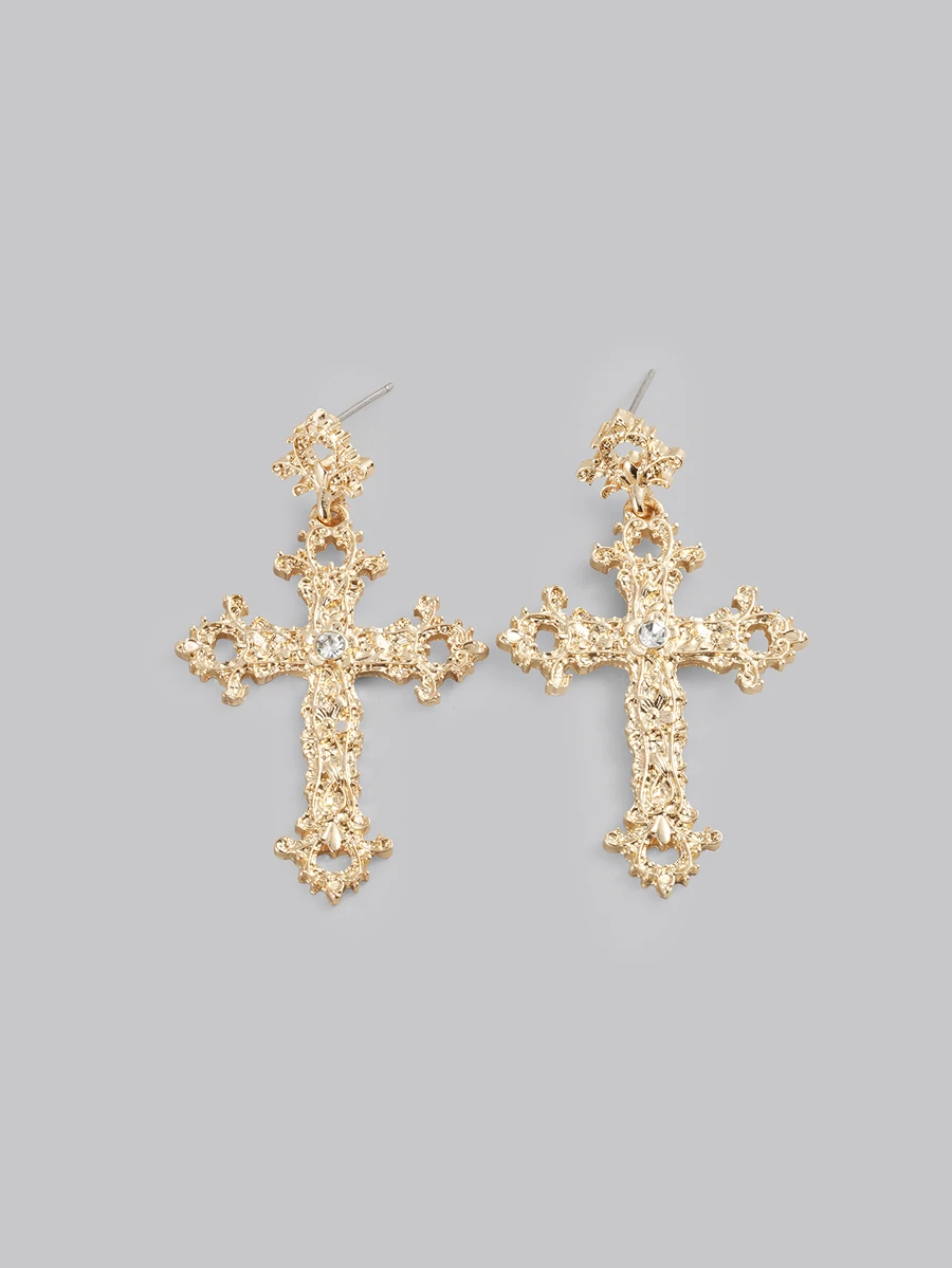 DareSee 1pair -Color Cross Shaped Zinc Alloy Earrings With Rhinestone Detail For Women, Party Gift Music Fest Halloween - Yellow Gold - View 1