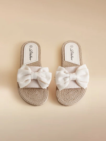 Glizzene Sandálias rasteiras femininas da primavera/verão/outono de 2025, novas, casuais e modernas, brancas, com laço decorativo, bico aberto, em cor sólida. Ideais para praia, férias, férias, antiderrapantes e confortáveis, perfeitas para casamentos e eventos internos.