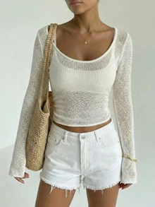 Youweiniel 极简性感圆领透视喇叭袖针织上衣，适合春夏海滩、派对、万圣节、音乐节、婚礼等场合，女款白色 - 白色 - 查看 2