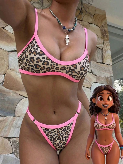 2026 Spring/Summer Women's Sexy Animal Print Bikini Set, Includes Crop Top, Sports Shorts, Suitable For Beach, Vacation, Music Festival, Casual Wear