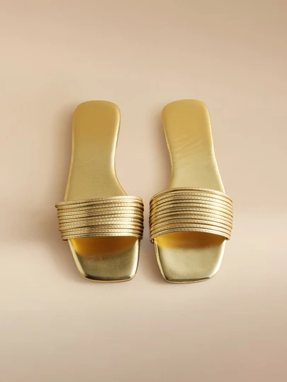 Glizzene 2025夏季新款，女士方头平底凉鞋，条纹简约款，金色婚鞋